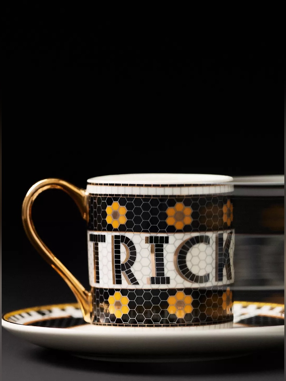 Bistro Tile Stoneware 24k Gold Accent Halloween Espresso Cup “Trick or Treat”